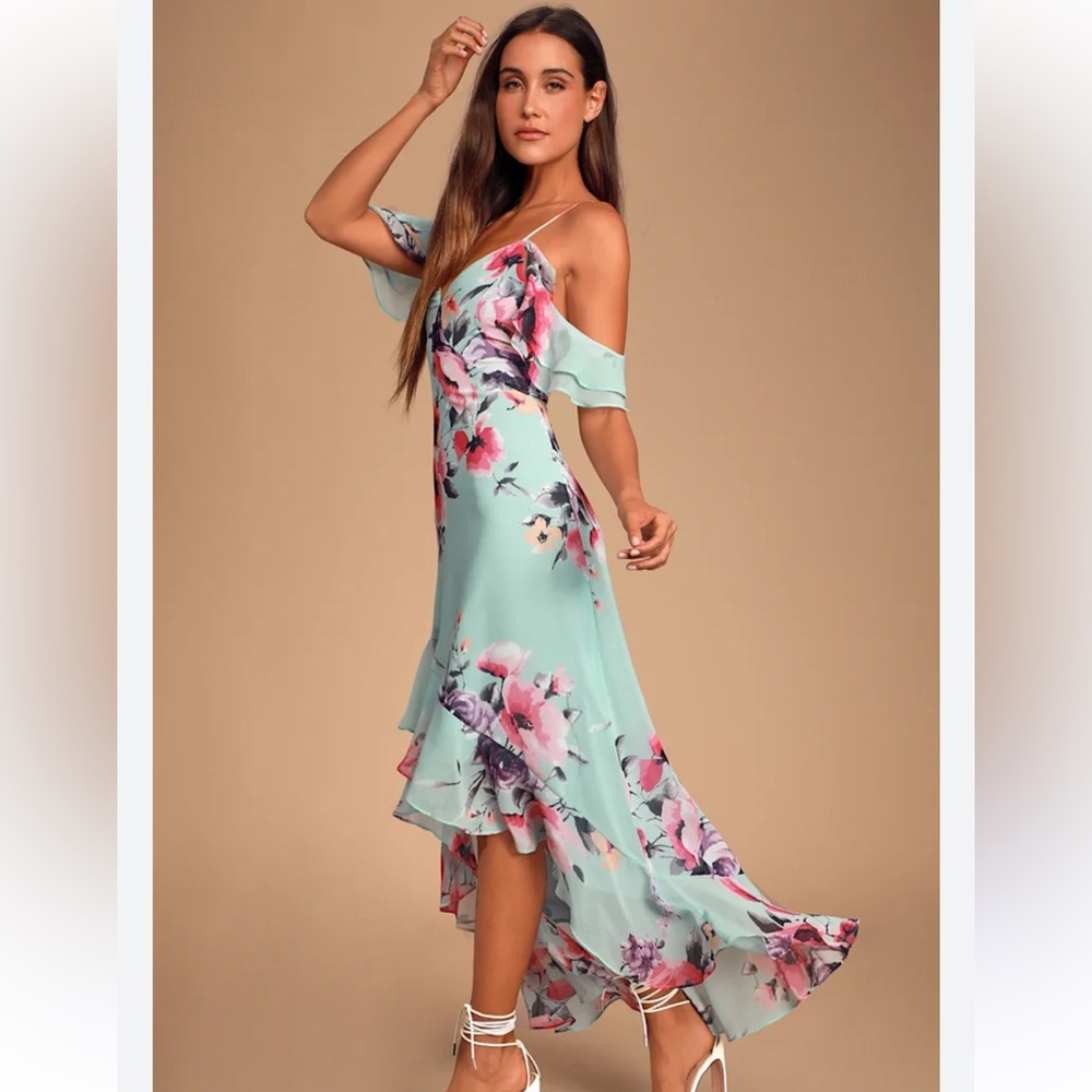 Lulus Love in Bloom Blue Floral Print Off-the-Shoulder High-Low Dress – Size L